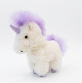 Purple Unicorn — 12" handmade alpaca stuffed animal with a natural white body and hand-dyed purple mane, tail, and horn, genuine Huacaya alpaca fur, Andean Puff™ collection, handmade in Peru