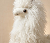 A close-up of a fluffy white alpaca or llama plush toy against a soft beige background.