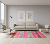 Archival Textile No. 111 The Maras Specimen — vintage Peruvian Frazada rug from Maras in high-contrast fuchsia and charcoal stripes with zoomorphic and geometric symbols and rare scalloped crochet perimeter binding, 62 by 52 inches
