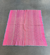 Vibrant vintage pink orange and blue striped Peruvian Frazada wool rug, hand-loomed bohemian textile art.