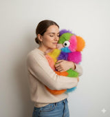 Woman holding a colorful fluffy toy against a plain background