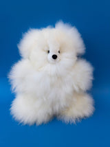 7-inch handmade small white alpaca teddy bear, natural un-dyed Peruvian fur, ethically made and hypoallergenic nursery keepsake.