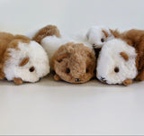 Top view of a life-size handmade alpaca fur guinea pig with realistic brown and white patterns and glass eyes.