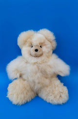 Handmade 12-inch beige alpaca teddy bear, premium Peruvian fur plush, soft and hypoallergenic nursery decor.