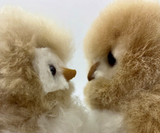 Two fluffy toy owls facing each other close-up against a plain light background.