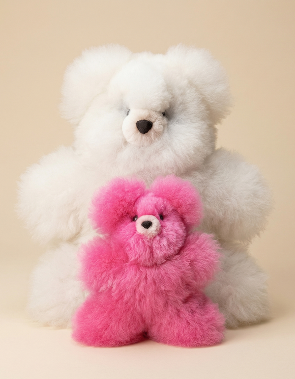 Cloud Touch Bear Set — 12 inch natural white and 7 inch fuchsia genuine Huacaya alpaca stuffed teddy bears, handmade in Cusco Peru by Inspired Peru artisans, Ages 3 and up