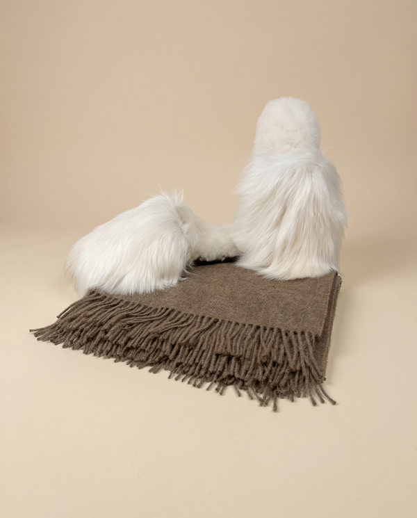 Espresso brown herringbone baby alpaca throw with fringe and white Suri alpaca fur slippers