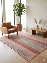 Archival Textile No. 105: A large vintage terracotta and dusty rose Peruvian Frazada rug. This one-of-a-kind wool rug features a full-coverage diamond geometric pattern, a traditional central union seam, and is ideal for modern minimalist home decor.