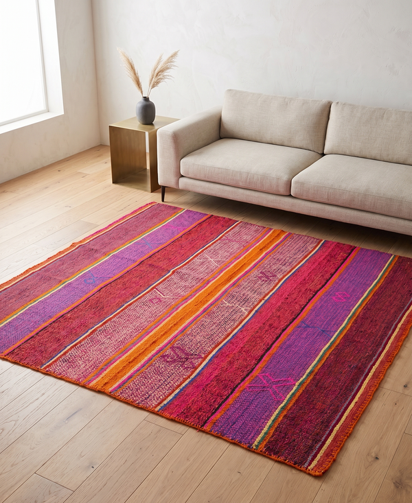 Vintage Peruvian Frazada rug No. 102 — hand-loomed in Cusco from hand-spun sheep wool in unusually saturated fuchsia and clementine orange symmetrical stripes, 67 by 58 inches, one of a kind Andean textile