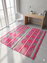 Archival Textile No. 108: A fuchsia and turquoise vintage Peruvian Frazada rug. This one-of-a-kind hand-loomed wool rug features high-contrast stripes and a traditional central union seam, suitable as a colorful accent rug or textile wall hanging
