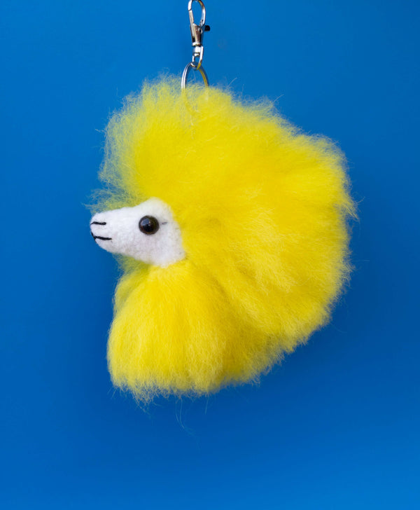 Yellow fluffy alpaca fur llama keychain and bag charm, handmade in Peru