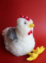 Handmade alpaca fur chicken stuffed animal, 12 inches, natural white body with hand-dyed grey wings, made in Peru