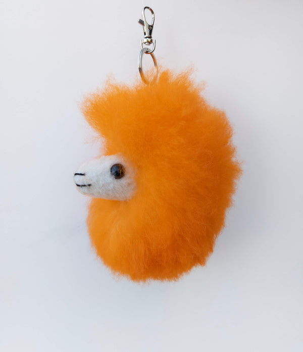Orange fluffy alpaca fur llama keychain and bag charm, handmade in Peru