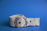 Hand-woven snow white wool belt with colorful floral embroidery