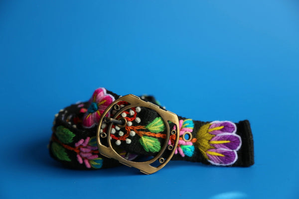 Black wool belt hand-embroidered with colorful flowers, handmade in Ayacucho, Peru