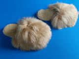 Natural light brown Suri alpaca fur slippers silky texture handmade in Peru.