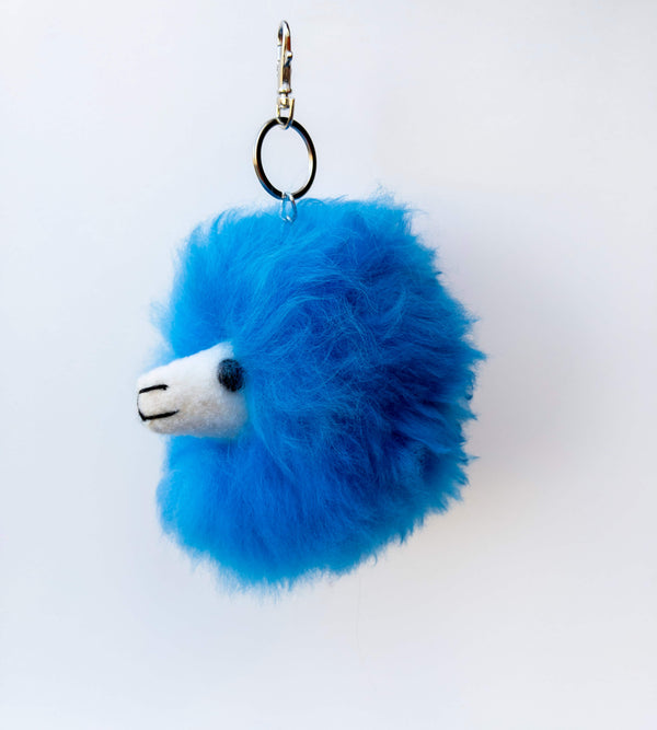 Sky blue fluffy alpaca fur llama keychain and bag charm, handmade in Peru