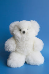 Front view of 12 inch white teddy bear made from real Peruvian alpaca fur.
